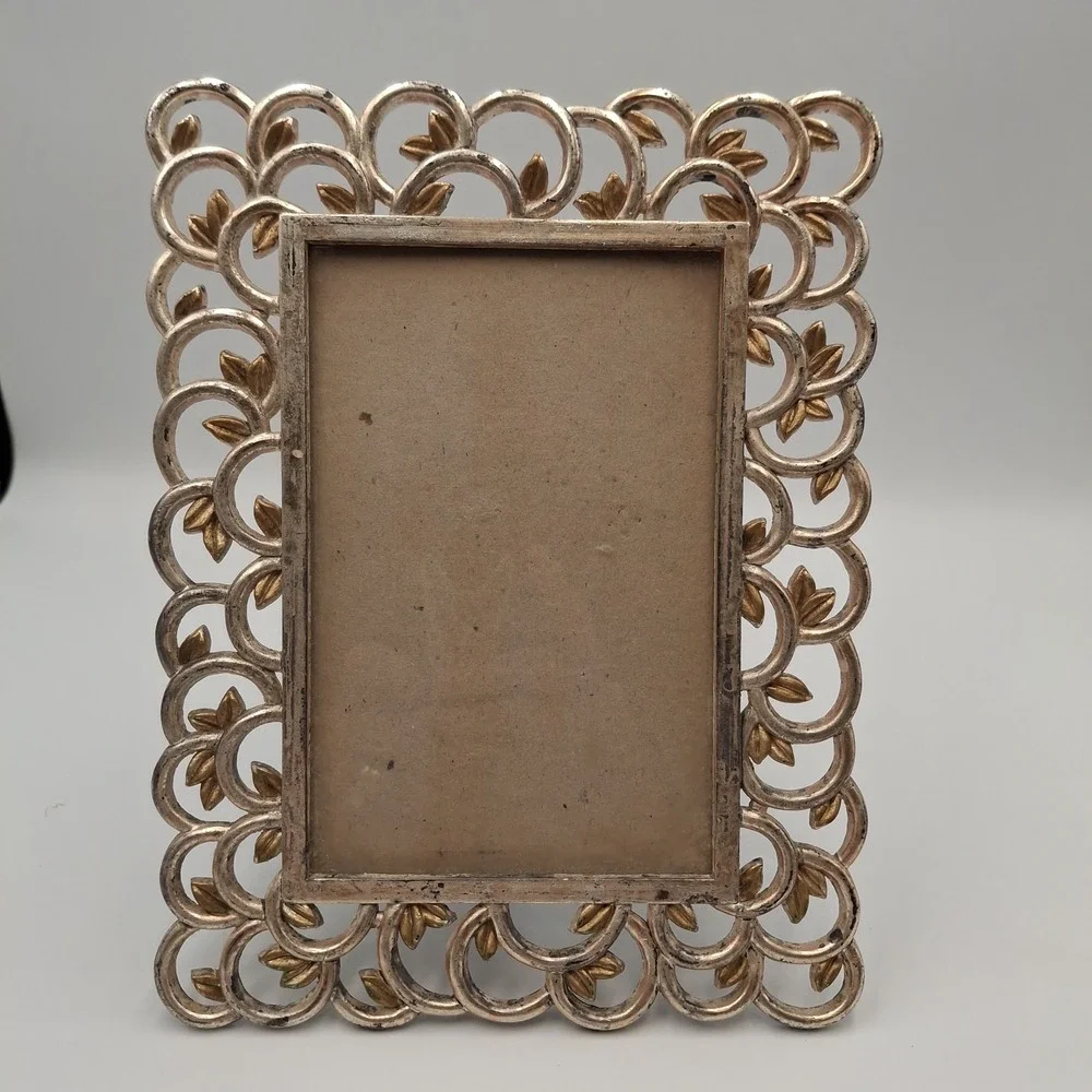 Vintage 1996 Elsa L Inc Picture Frame Silver Gold Leaf Filigree Scroll 3.5x5